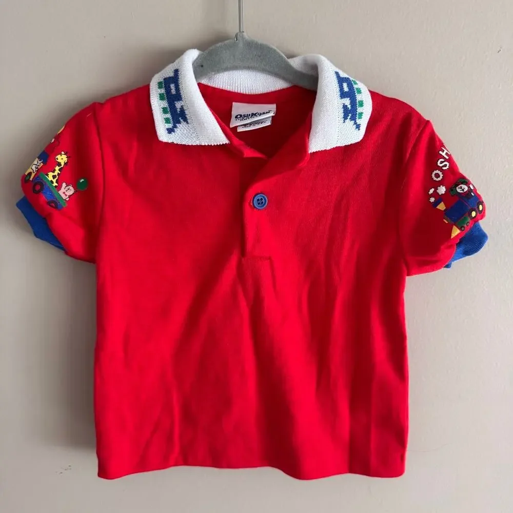 Vintage OshKosh Red Train Zoo Animal Print Polo Shirt Unisex 6-9 Month Baby